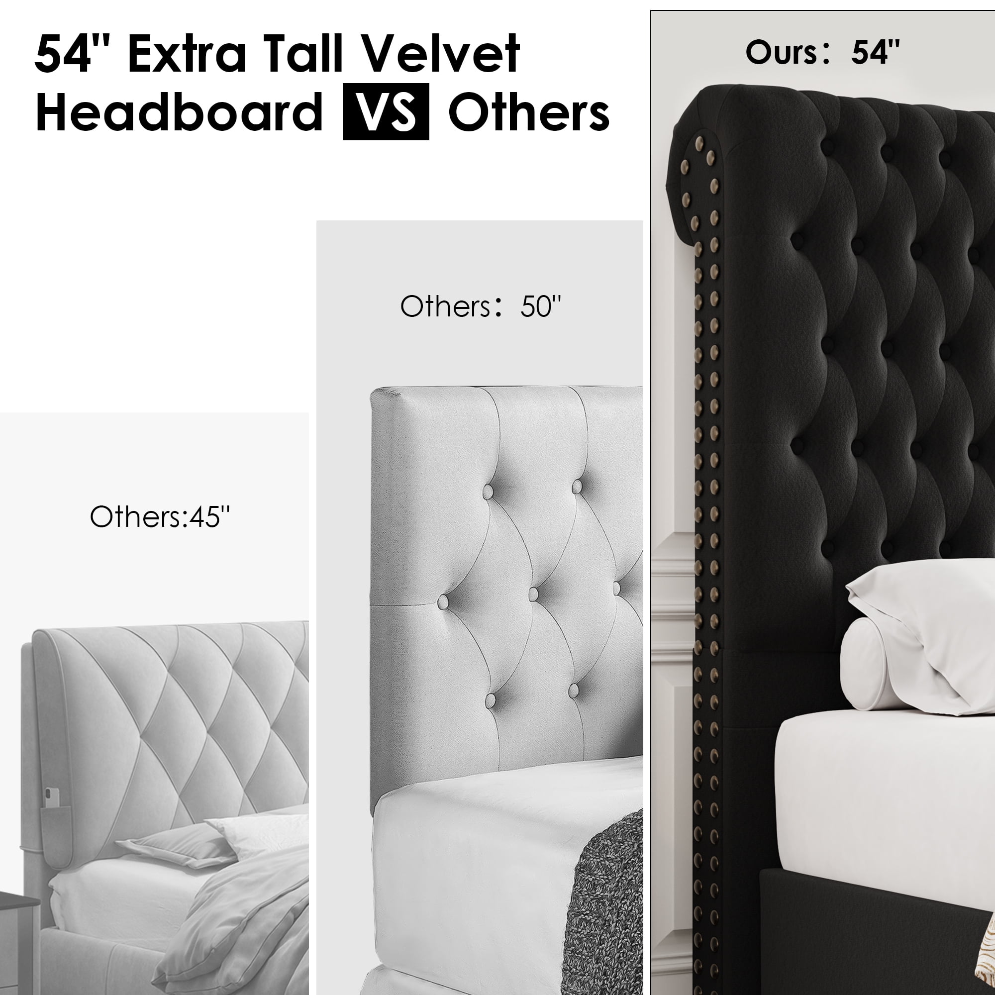 Homfa 54.7" Tall Headboard Bed Frame, Queen Size Storage Bed with Tall Headboard, Tall Upholstered Bed with Footboard and Drawers, Black