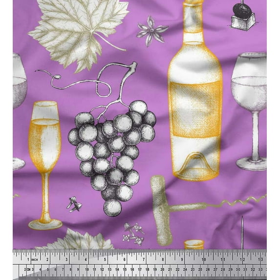 Soimoi Viscose Chiffon Fabric Grapes,Wine Glass & Bottle Print Fabric by the Yard 42 Inch Wide