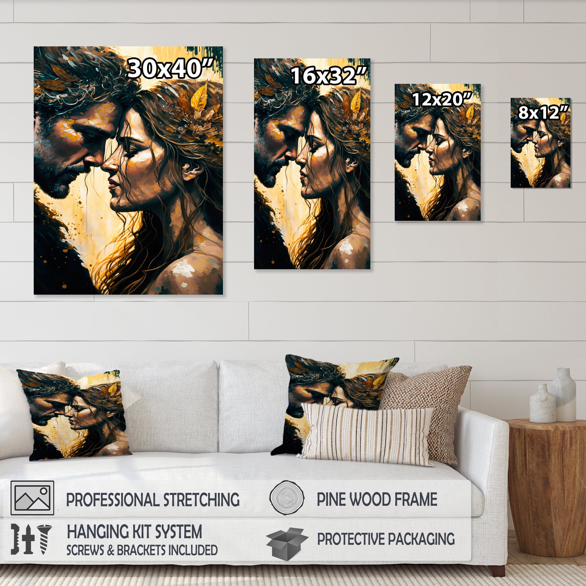 Designart Black And Gold Couple Kissing Art I Canvas Wall Art