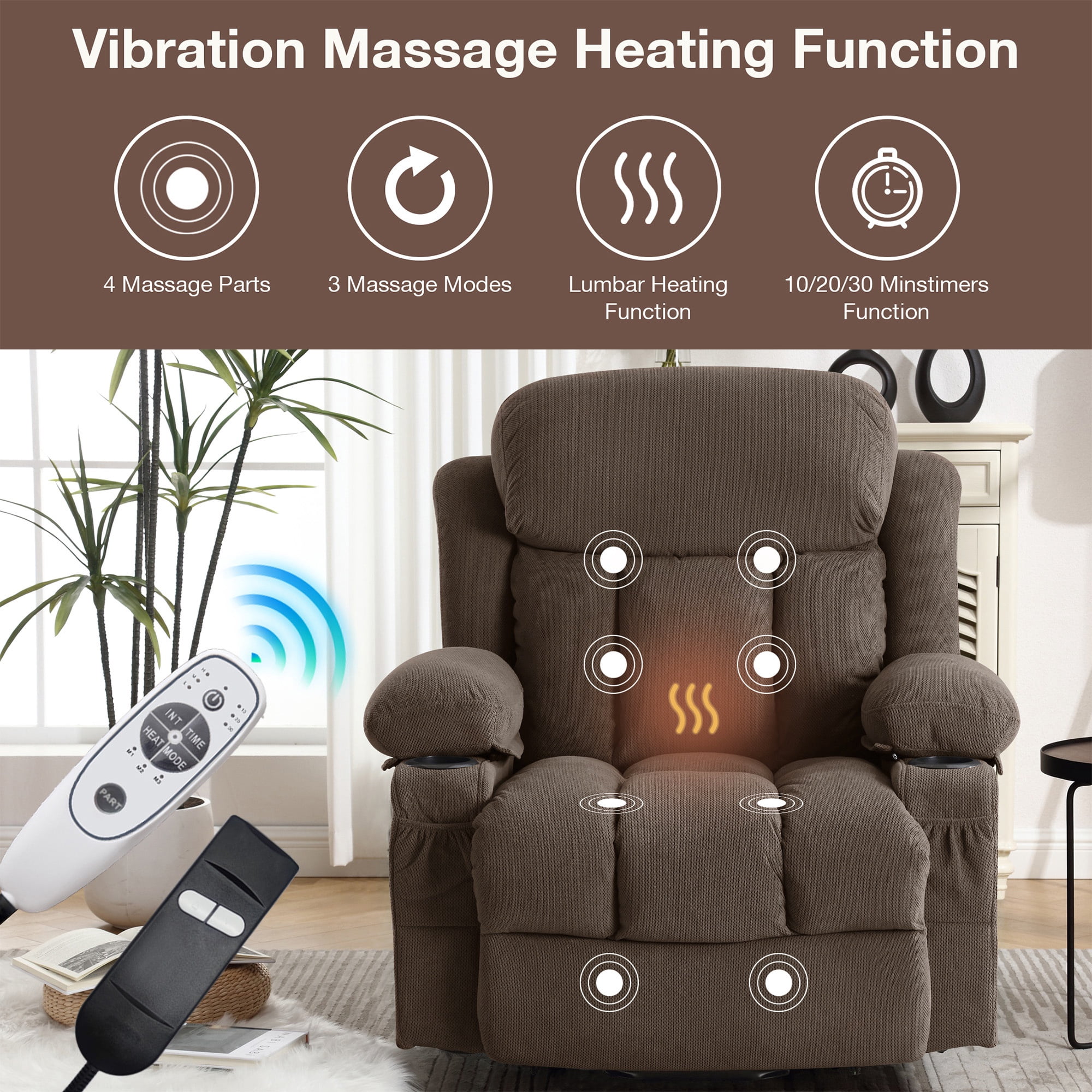 UHOMEPRO Lift Recliner Chair for Elderly and Adult, Electric Recliner with Heat and Vibration Massage, Remote Control, USB Port, Side Pockets & Cup Holders, Brown