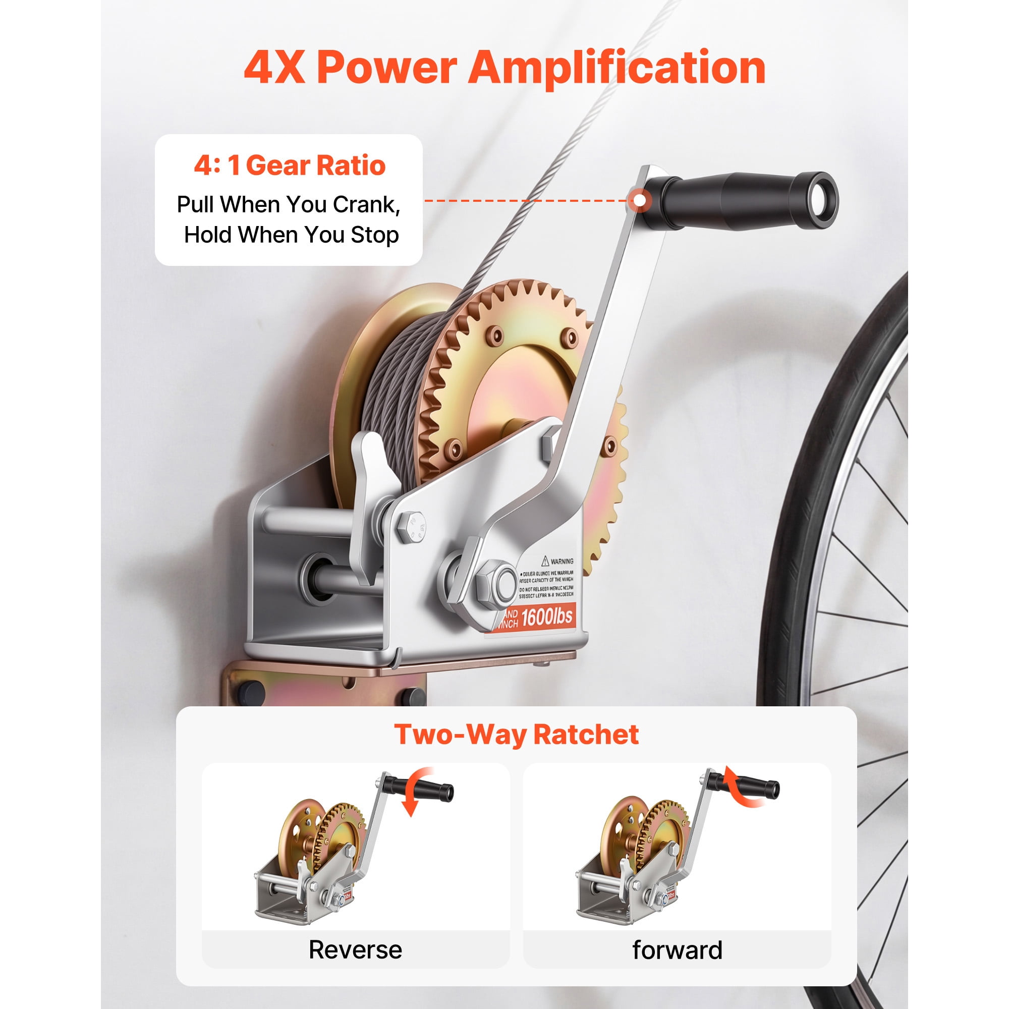 KFFKFF 1600 lbs Hand Winch, Durable Manual Rope Crank with Two-Way Ratchet, 4:1 Gear Ratio, Easy-to-Install Gear for Boat Trailer and ATV Towing