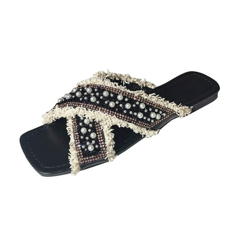 

GNEIKDEING Womens Shoes Summer Square Toe Slippers Pearl Rhinestones T el Casual Beach Slippers Gift on Clearance