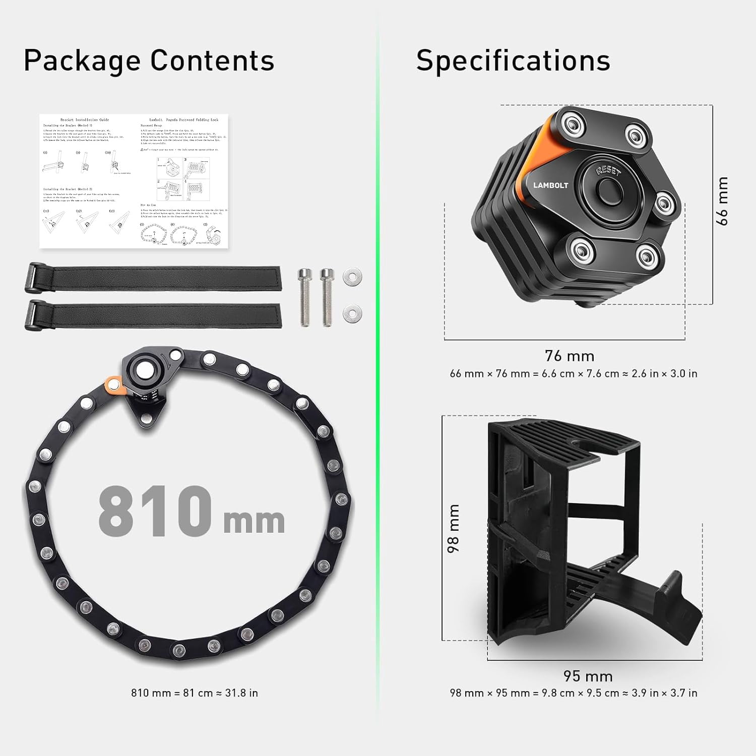 Lambolt Electric Scooter Lock - Heavy Duty Anti-Theft Folding Combination Bike Lock for Ebike | Compact Alloy Steel Security Chain Lock with Mounting Bracket & Bags