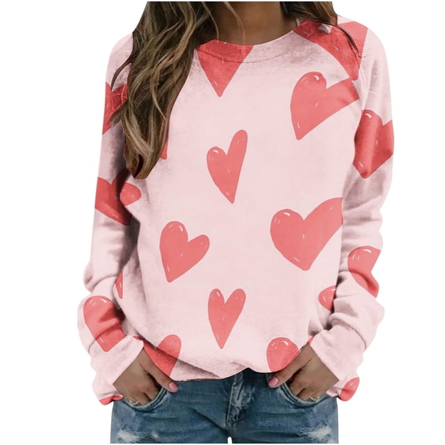 Chemises à Manches Longues pour Femmes de la Saint-Valentin, Décontractées, Surdimensionnées, Col Rond, Imprimées, Légères, Vêtements d'Automne