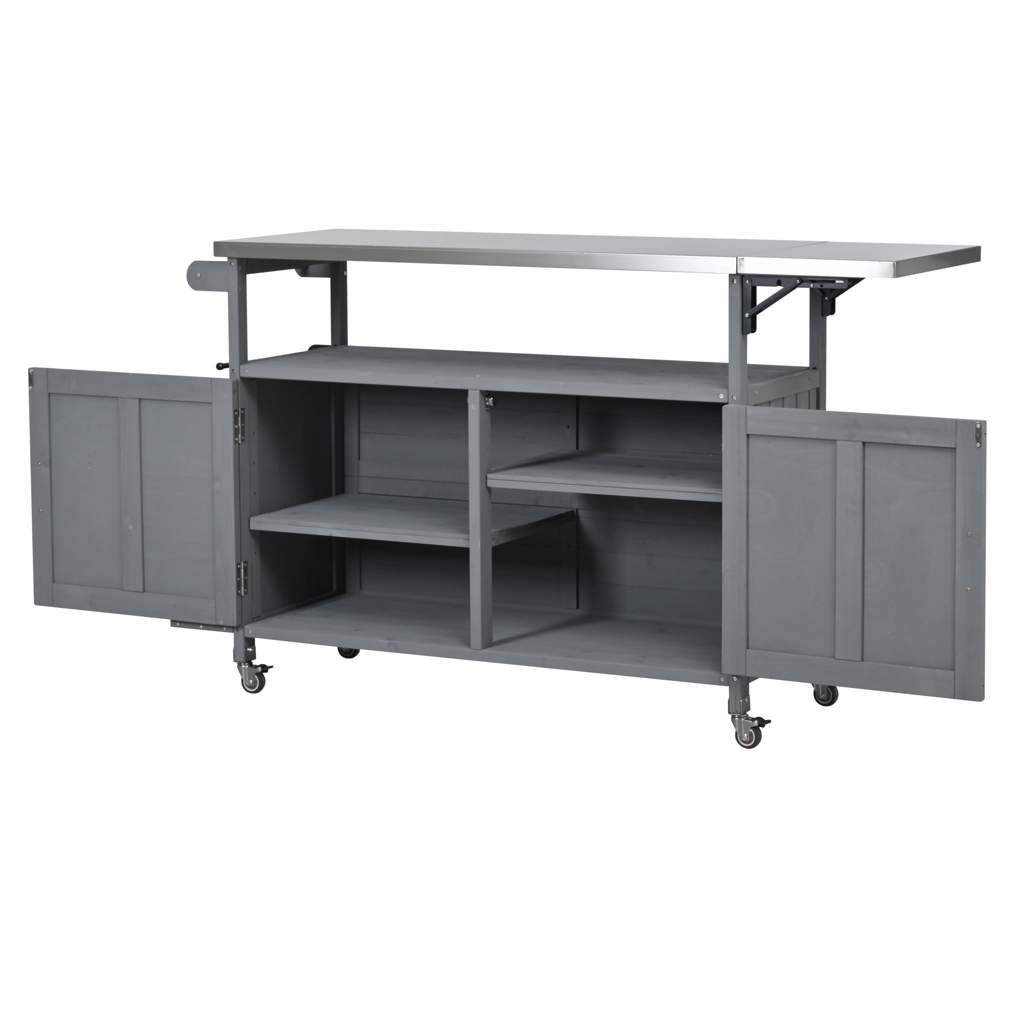 Harper & Bright Designs Outdoor Extendable Kitchen Island with Wheels, Patio Kitchen Cart with Foldable Stainless Steel Top, Portable Prep Station with Storage Cabinet and Towel Rack for Garden, Grey