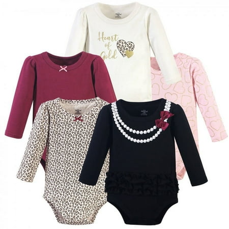 UPC: 0660168776249 | Little Treasure Baby Girl Cotton Long-Sleeve Bodysuits 5pk  Black Heart Of Gold  0-3 Months