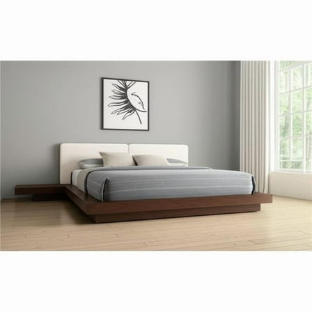 HomeRoots 486237 Walnut & White Wood & Faux Leather Queen Bed Frame with Attached Nightstands