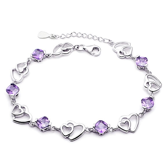 925 6.3 inch Purple Bracelet, February Birthday Gifts for Women, Love Heart Chain Bracelet Fashion Jewelry Gifts, Crystal Bracelet for Women, 1.6 inch Extender