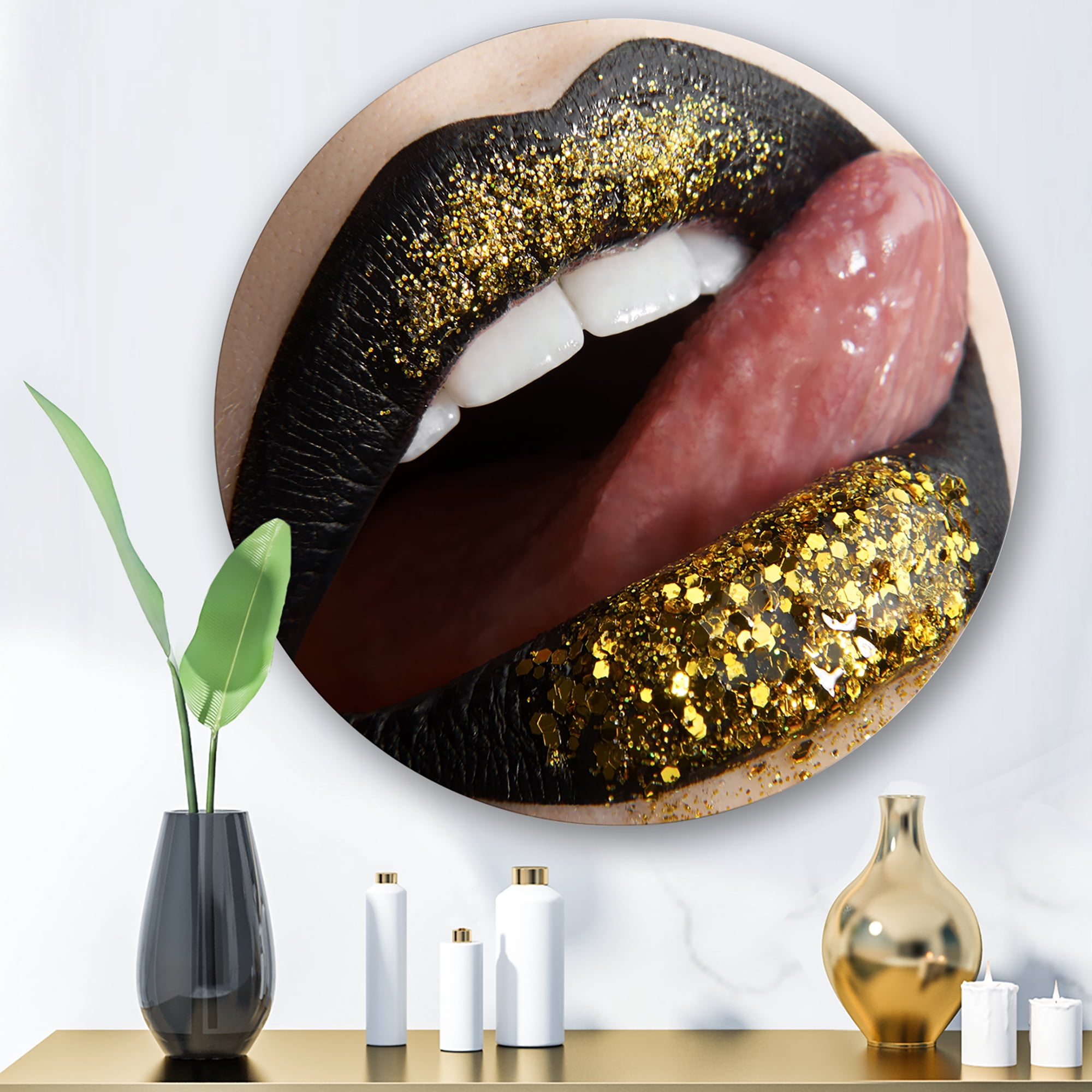 Designart 'Woman Lips Black Lipstick and Gold Sequins' Modern Circle Metal Wall Art 23x23 - Disc of 23