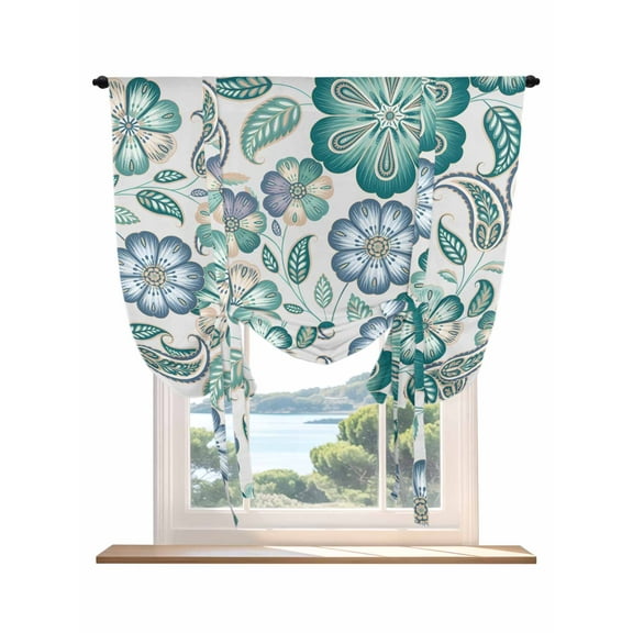 Teal Paisley Pattern Tie Up Curtains for Windows 45 Inch Length Balloon Curtains Kitchen Adjustable Balloon Window Shade Boho Ethnic Floral Traditional Tie Up Valance Bathroom Curtain Window 52"x45"