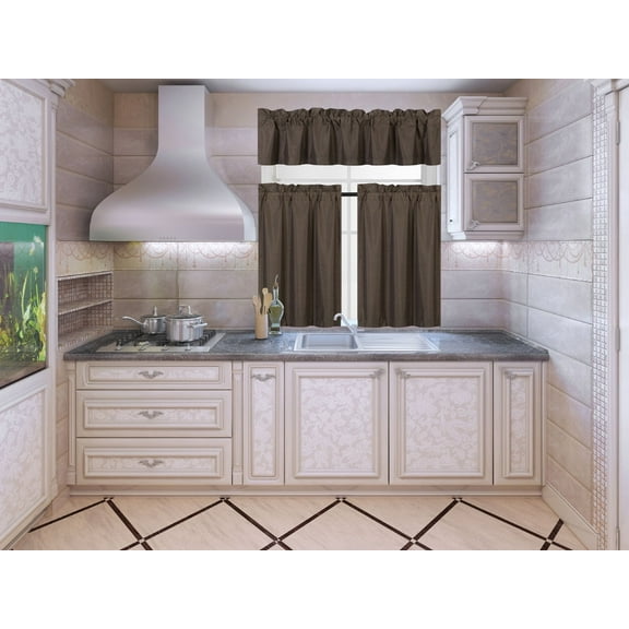 3-Piece K3 Brown Blackout Rod Pocket Kitchen Curtain Set, Two (2) Geometric Design Tier Panels With One (1) Matching Swag Valance Included
