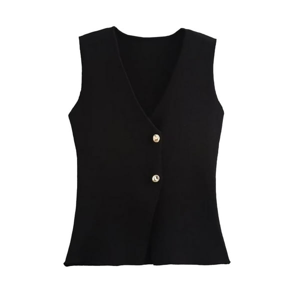 DuoJiaJ Women's Fashion Button Up Knitted Vest Top Womens Puffer Coat Black L