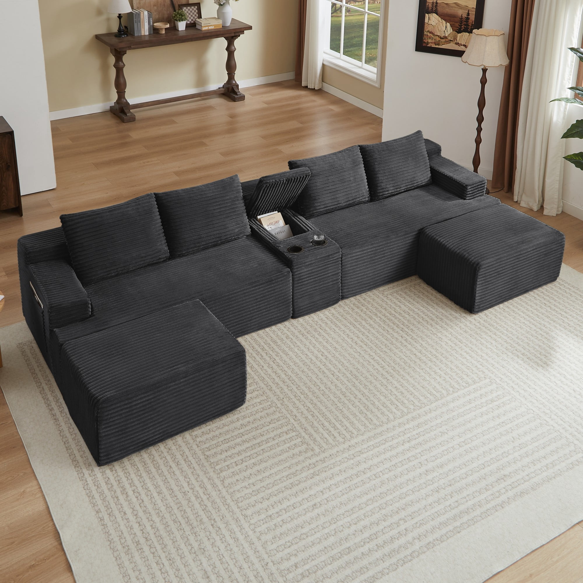 Gewnee 140.6" U‑Shaped Cloud Modular Sectional Sofa, Fluffy Corduroy Deep Seat Couch with Double Chaise Lounge, Storage Central Console & Cup Holders, Gray, for Living Room