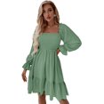 thumbnail image 1 of Vestido corto de manga larga con volantes fruncidos para mujer, cuello cuadrado, vestido corto de línea A Verde claro M Verde claro M Xishao ropa, 1 of 2