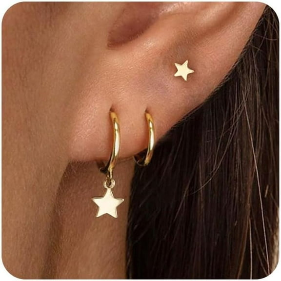 3 Pairs Gold Earrings Set - 14K Gold Plated Stacks Earring Bow Pearl Butterfly Heart Clover Star Moon Diamond Starburst Huggie Hoop Earrings for Women Trendy Jewelry
