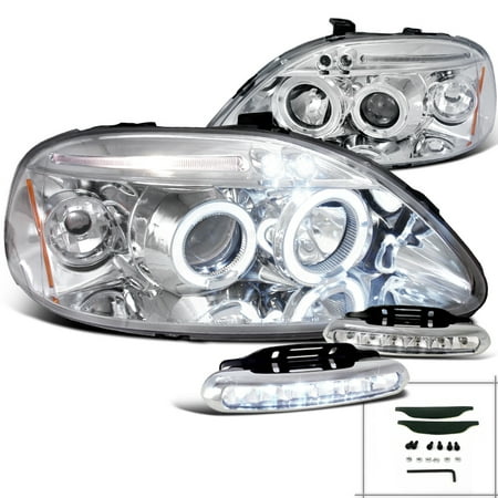 Spec-D Tuning For 1996-1998 Honda Civic Halo Projector Headlights Chrome W/ Led Daytime Running Fog Lamps (Left+Right) 1996 1997