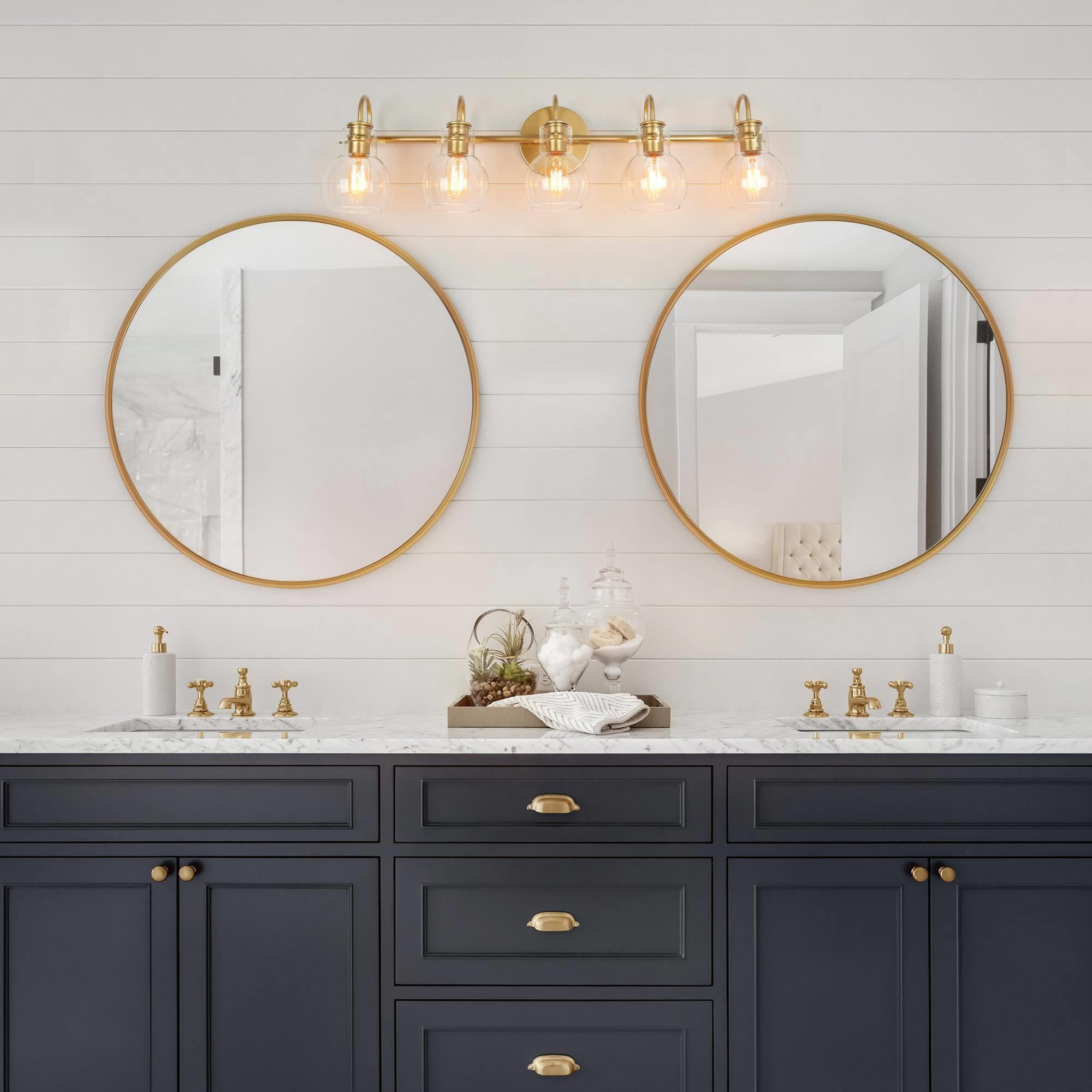 LNC 5-Light Gold Round Clear Glass Modern Bathroom Vanity Lighting Fixutre,25.5"Lx9"Hx7"D