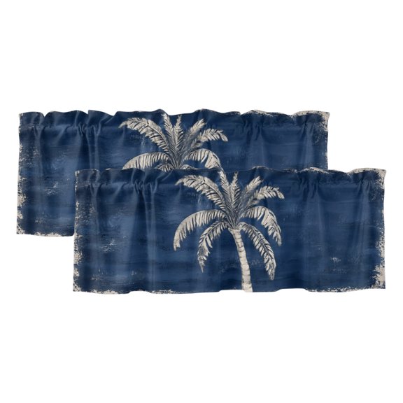Coconut Palm Tree Valances for Window 2 Pack, Coastal Tropical Botanical Weathered Blue Window Valance Curtains for Kitchen, Rod Pocket Short Curtains for Bathroom Bedroom Decor, 54" x 18"