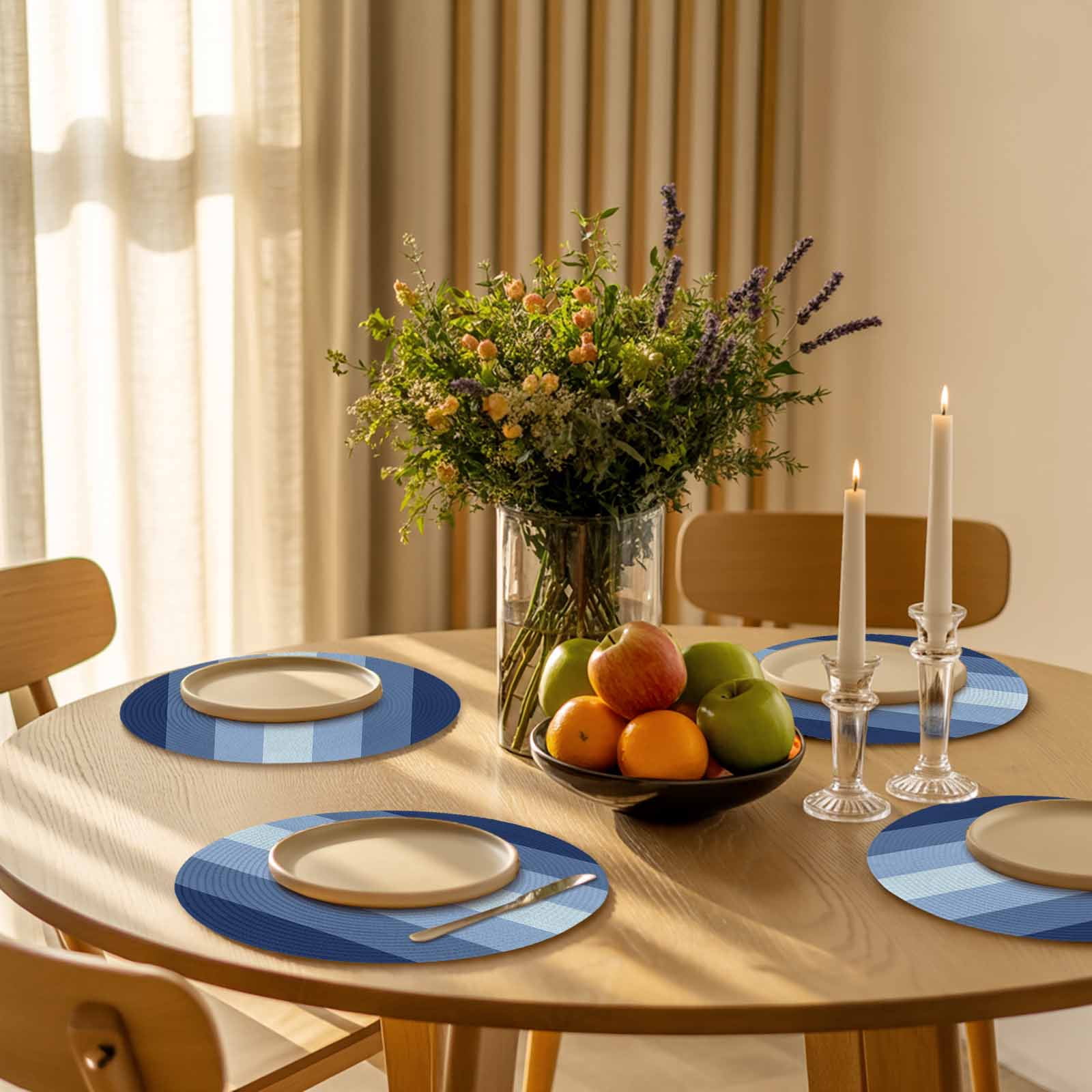 Navy Blue Ombre Round 15 Inch Placemats Set of 8, Gradient Navy Blue Woods Farmhouse HeatResistant Non Slip Place Mats for Dining Table, Wipeable Braided Kitchen Table Mats for Housewarming
