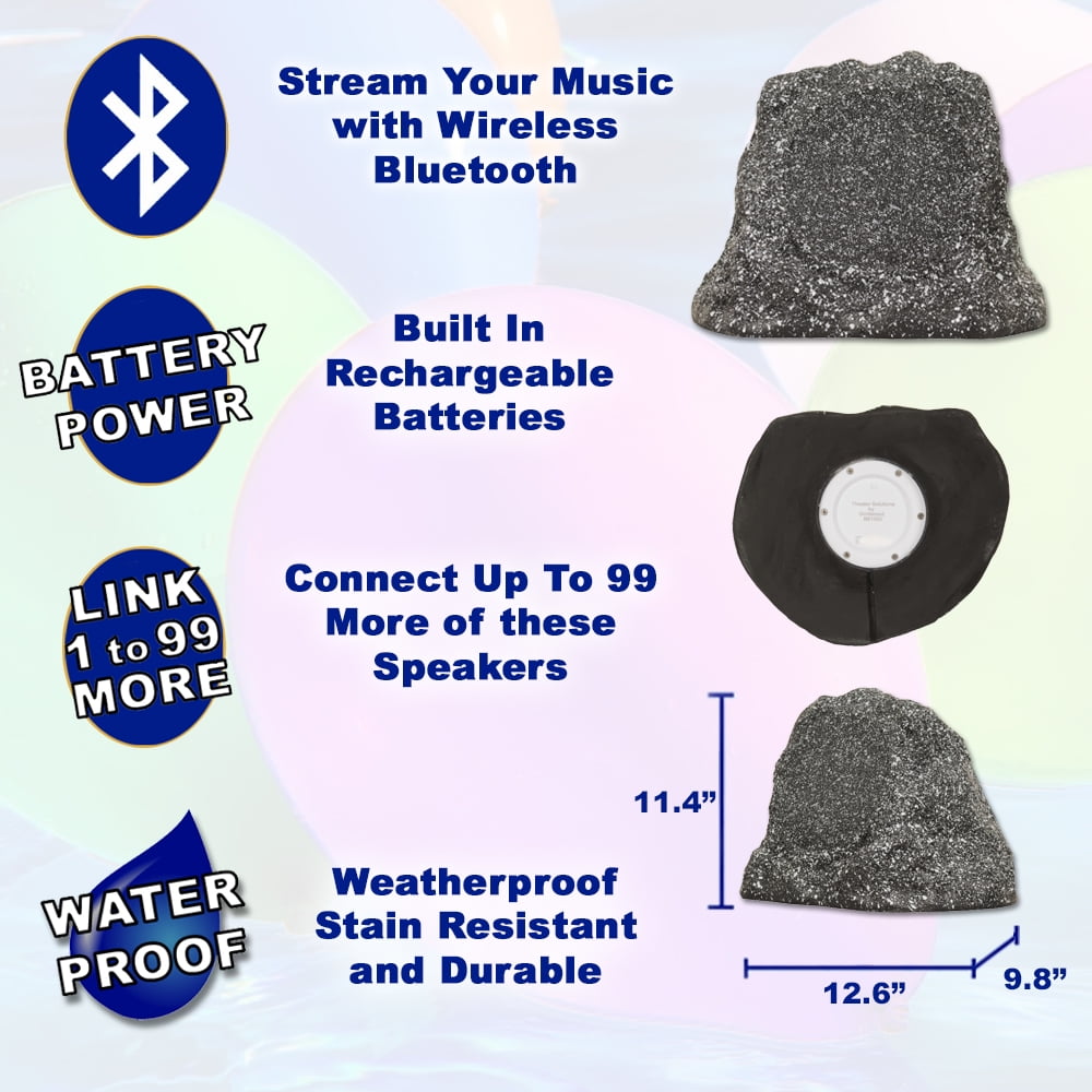 Theater Solutions B61GG Fully Wireless 200 Watt Rechargeable Battery Bluetooth 6.5" Rock Speaker Pair Granite Grey Link Up To 99 Speakers Wirelessly