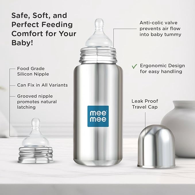 Mee Mee Baby Steel Feeding Bottle 300ml | Baby Milk Bottle with Advanced Anti Colic Valve
