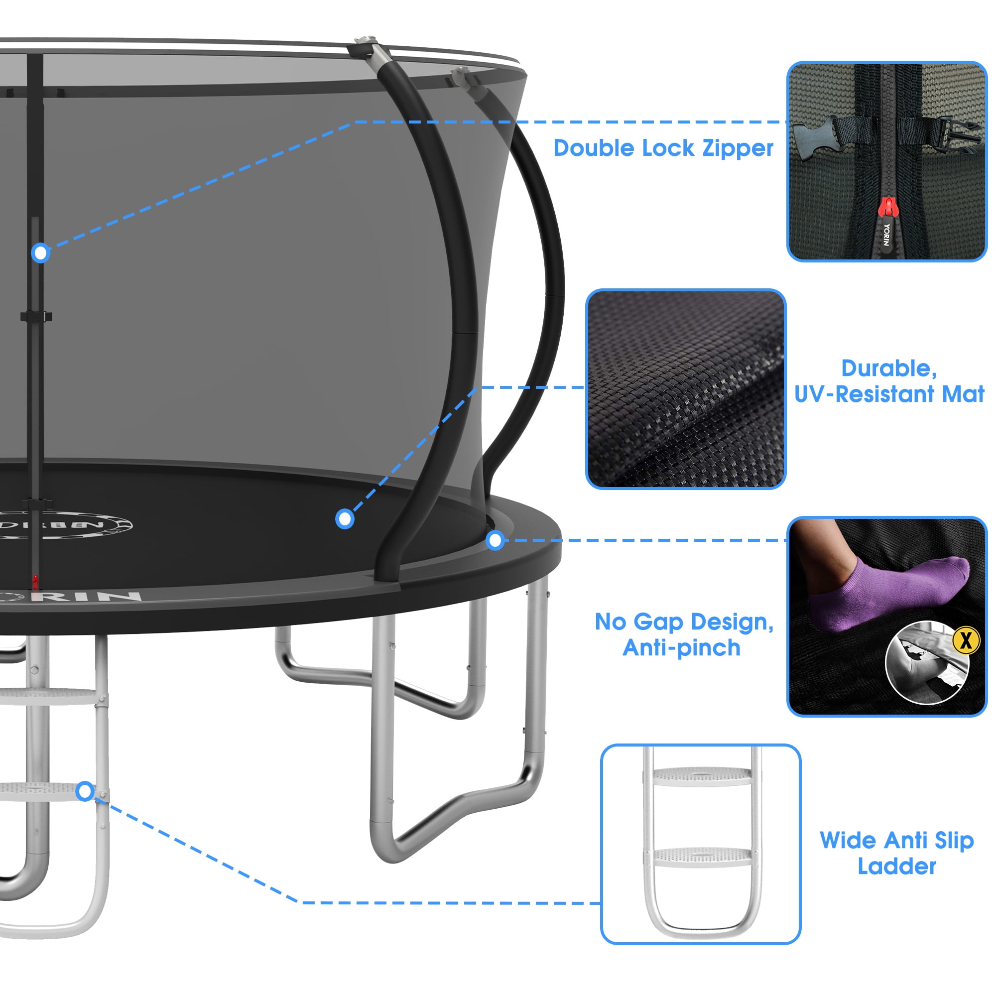 YORIN Trampoline for 5-6 Kids, 14 FT 8 FT 10FT 12FT Trampoline for Adults with Enclosure Net, Ladder, Light, 1400LBS Weight Capacity Outdoor Round Recreational Trampoline, Heavy Duty Trampoline