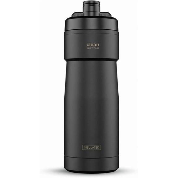 Clean Bottle 20 oz Sport Insulated Bike Water Bottle Matte Black with Easy-Clean Cap and Squeeze Design