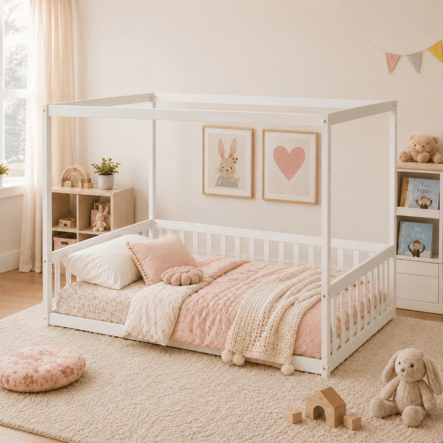 Miniyam Full Size Canopy FloorBed with Guardrails for Kids and Teens, White