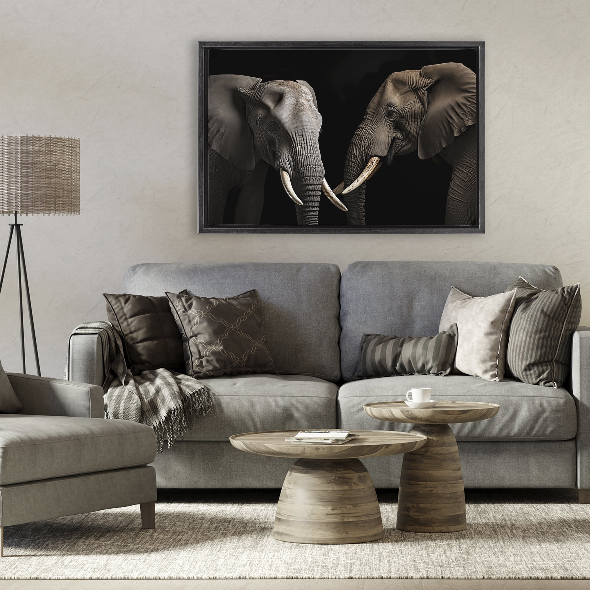 Pachyderm Elephant Pair Black Framed Floater Canvas Wall Art, design by Decent Exposures