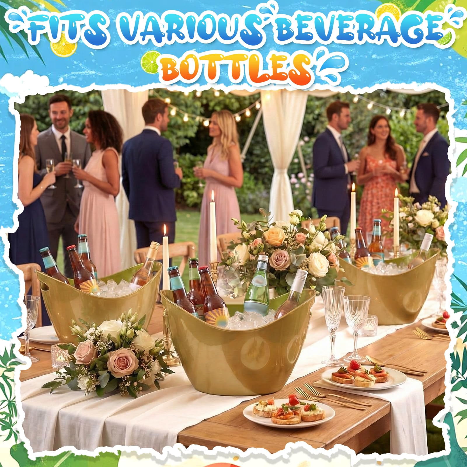 24 Pcs Oval Storage Tub with Handles 4 L Plastic Ice Bucket, Wine, Beer, Champagne Drink Cooler for Parties, Beverage Storage Basket Wine Buckets for Indoor Outdoor Cocktail Bars(Gold)