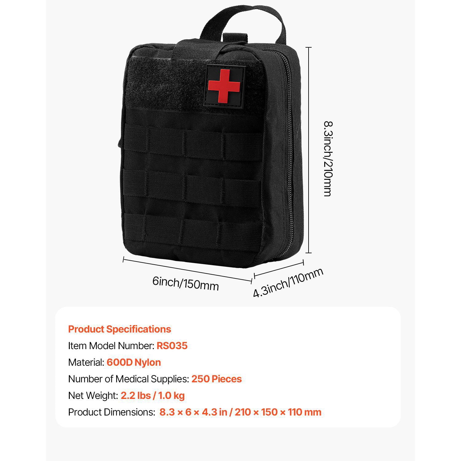 250Pcs 600D Nylon Trauma First Aid Kit Survival Emergency Bag for Camping Hiking Hunting Outdoor Adventure