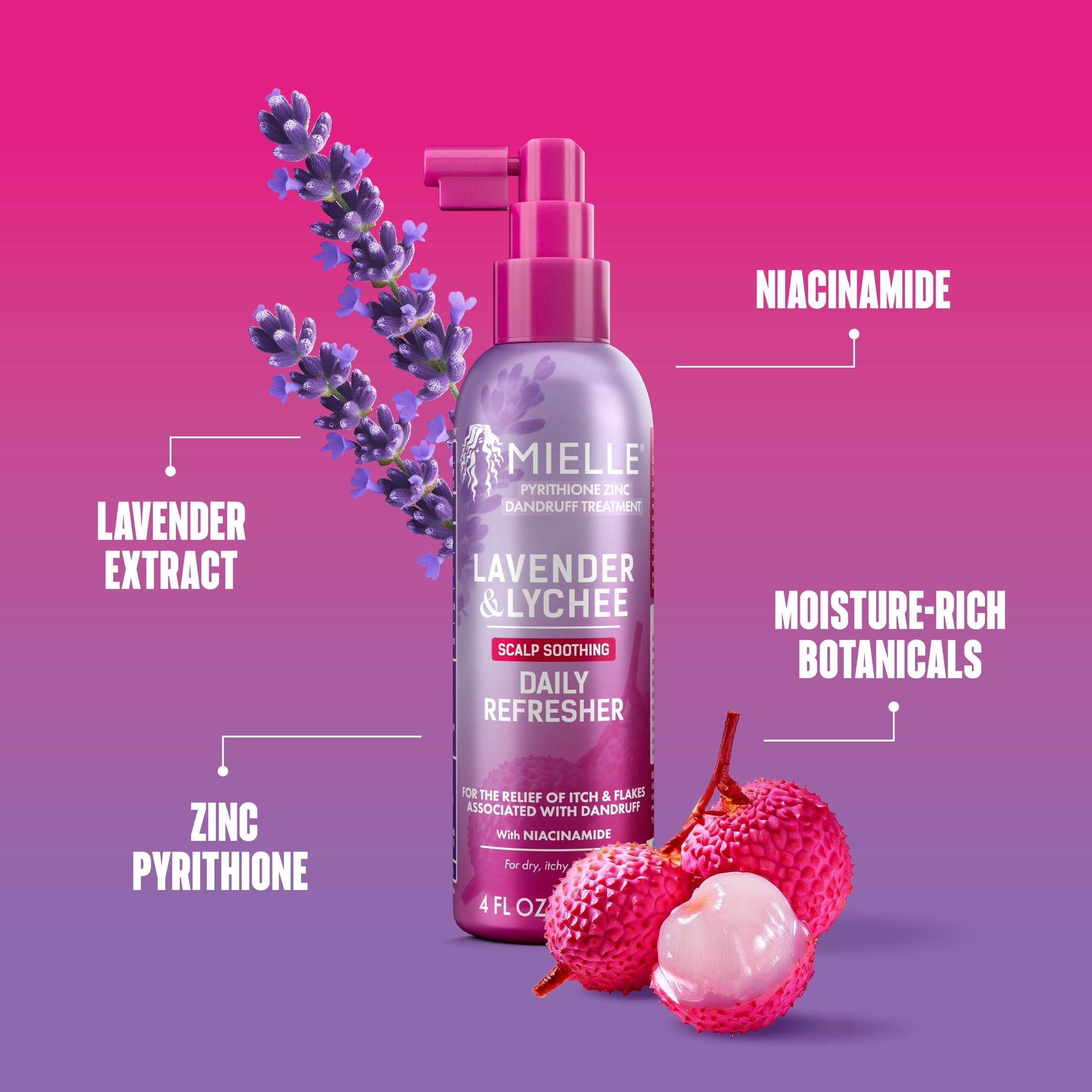 Mielle Lavender and Lychee Scalp Soothing Daily Refresher, with Zinc Pyrithione, Niacinamide, and Lavender Extract, 4 fl oz