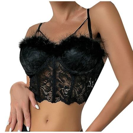 RYRJJ Womens Summer Lace Bustier Mesh Floral Embroidery Sexy Vintage Spaghetti Strap Corset Going Out Party Camisole Crop Top 02#Black M