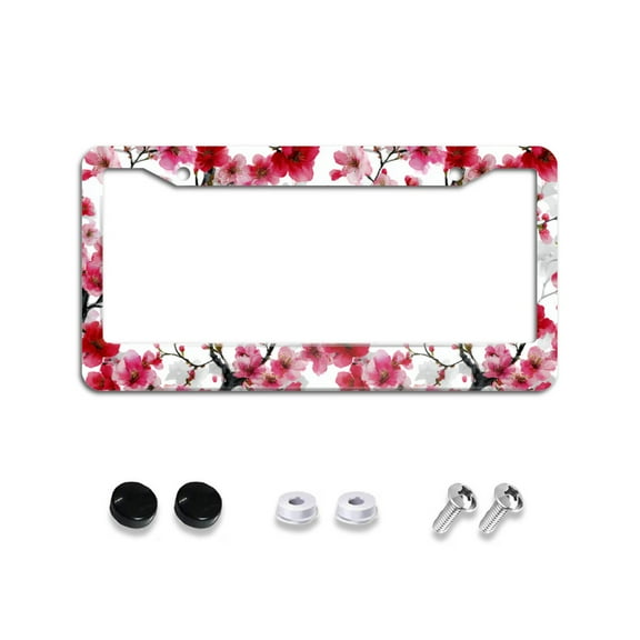 Vintage Cherry Blossom License Plate Frames Universal Aluminum Tag Holder Cover with 2 Holes Screws for Front Rear Car Plate Decor 12x6 Inch for Women Men