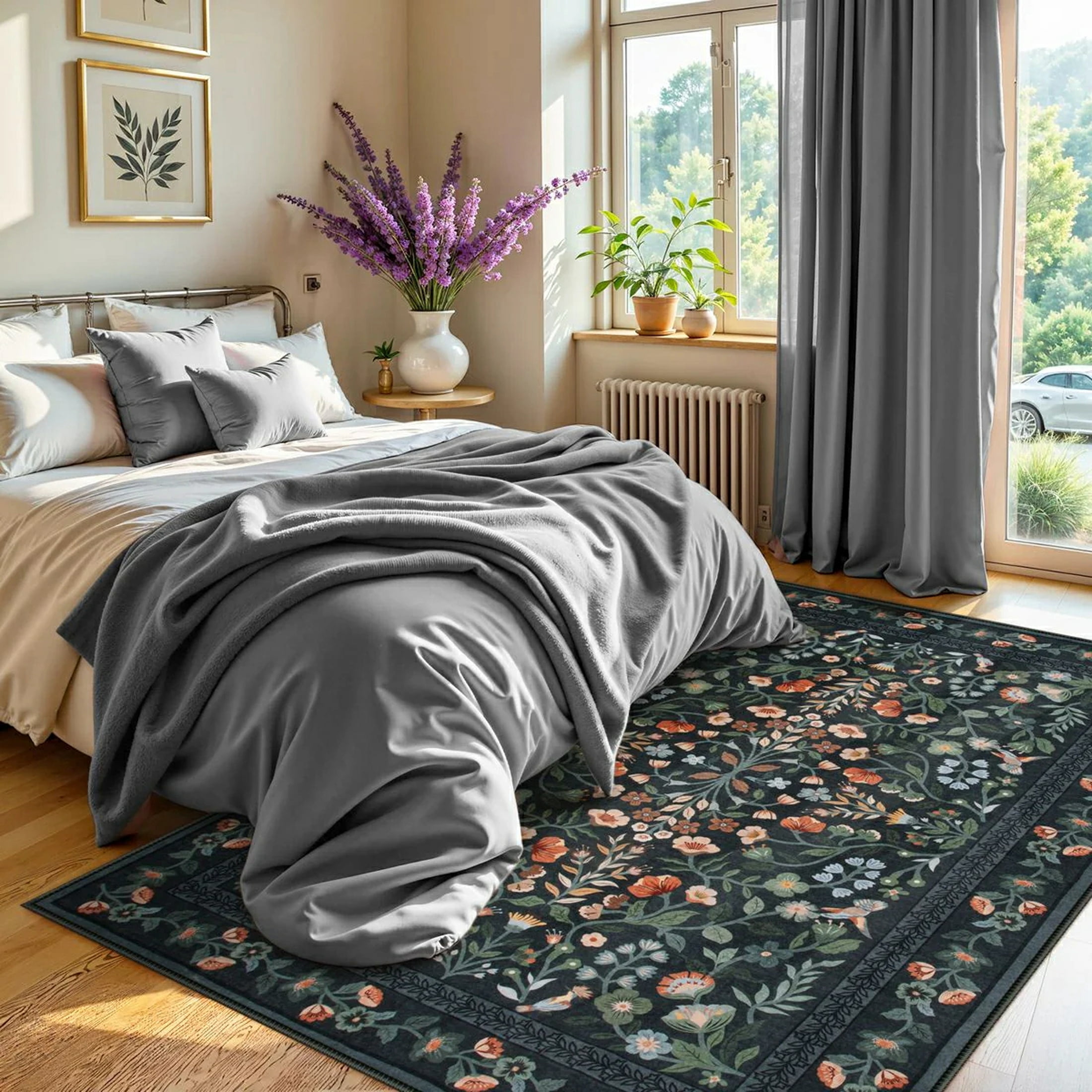 Moynesa 5'x7' Floral Area Rugs for Living Room, Washable Vintage Botanical Rugs for Bedroom, Soft Non Slip Cottagecore Flower Accent Carpet for Dining Room Dorm Apartmen, Black