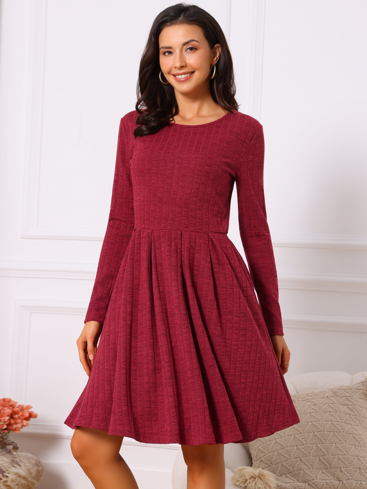 DARING DIVA Long Sleeve Round Neck A- Line Swing Knee Length Dress S Wine Red