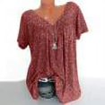 thumbnail image 1 of Tops Femmes Tops d'Été 2023 Grande Taille pour Femme Manches Courtes V-Cou Imprimé Pull Tops Manches Courtes Chemisiers Chemises Rouge L, 1 of 8