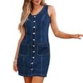 thumbnail image 6 of Dvprdro Womens Casual Summer Mini Denim Dress Crewneck Sleeveless Button Front Pocket Shift A Line Dress Solid, 6 of 7