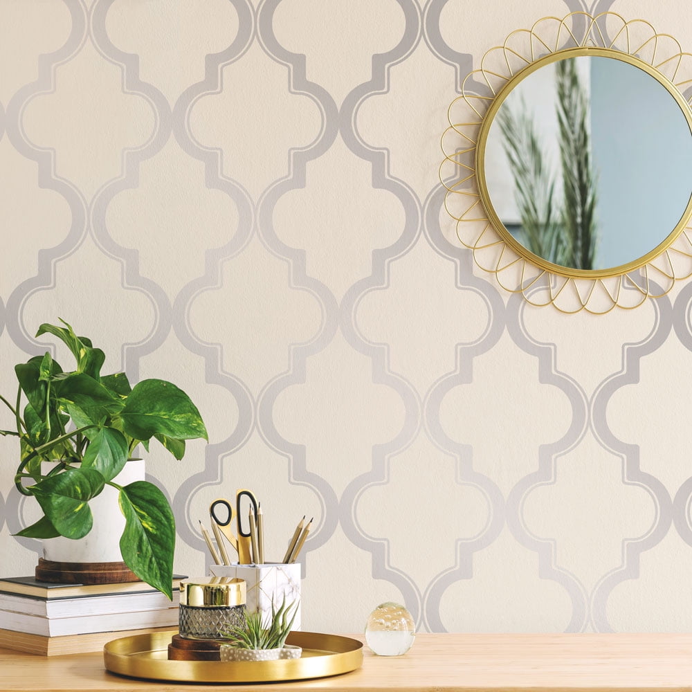 Tempaper Marrakesh Cream & Metallic Silver Peel and Stick Wallpaper, 20.5" x 16.5'