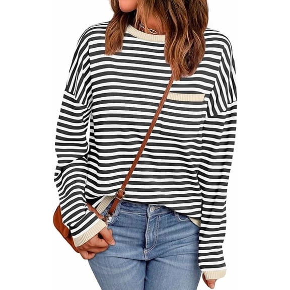 UZMOG Sweaters for Women, Striped Soft Knit Pullover Sweater Loose Fit Shirts with Chest Pocket