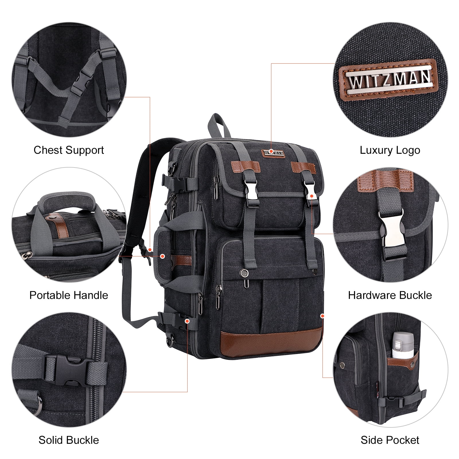 WITZMAN Canvas Travel Backpack for Men Women Expandable Large Carry on Duffel Bag Backpack for Airplane Fit 17 inch Laptop (A6617-3 Black)