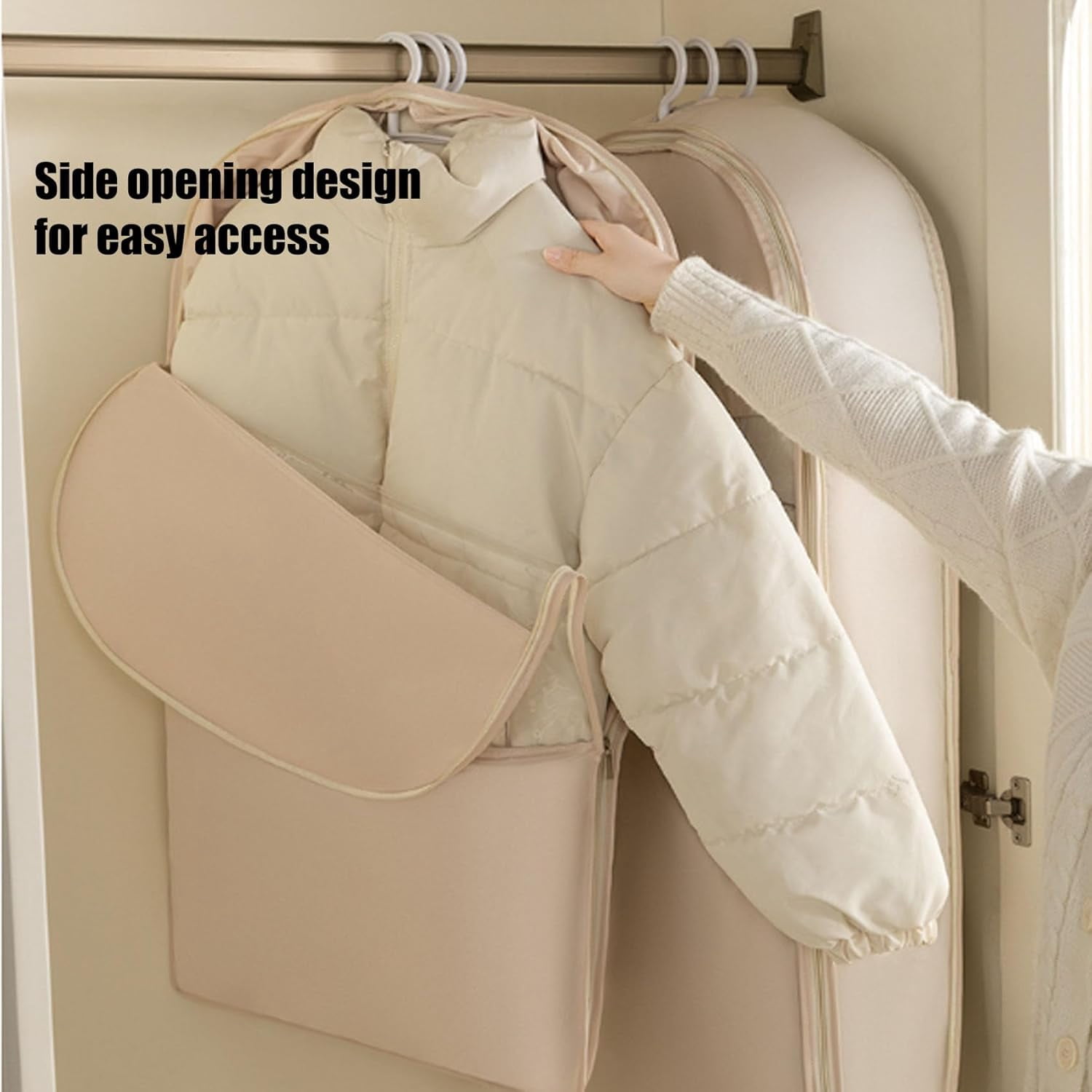 2026 New Space Saving Hanging Garment Bag with Self Compression Zipper, for Down Coats, Suits, Jackets, Closet Organizer (Beige,S)