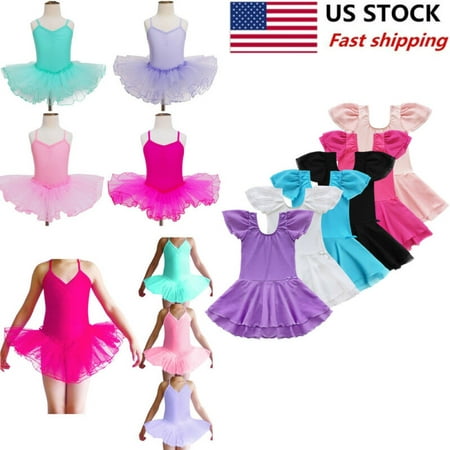 US Girls Gymnastics Leotard Dress Ballet Dance Tutu Skirt Kids Dancewear Costume - Blue - 10-12