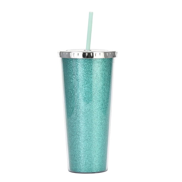 Taza plástica reutilizable de la taza de la agua fría 700ml, taza brillante de la bebida de la doble capa con la tapa y la paja