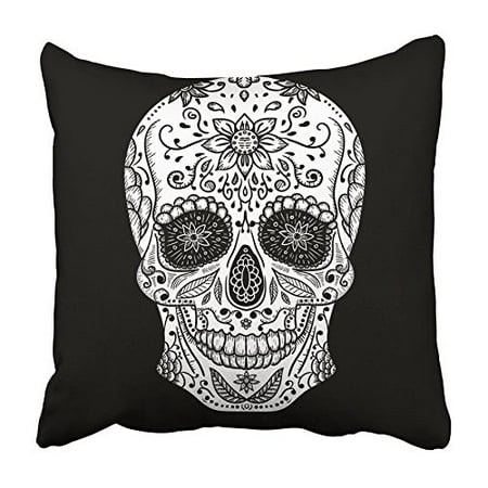 ARHOME Rock Mexican Skull Tattoo Black and White Sugar Flower Bone Celebration Danger Pillowcase Cushion Cover 18x18
