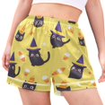 thumbnail image 2 of Women's Satin Pajama Shorts Yellow Background with Black Cat with Pockets, Elastic Waist Sleep Lounge Shorts, 2 of 7