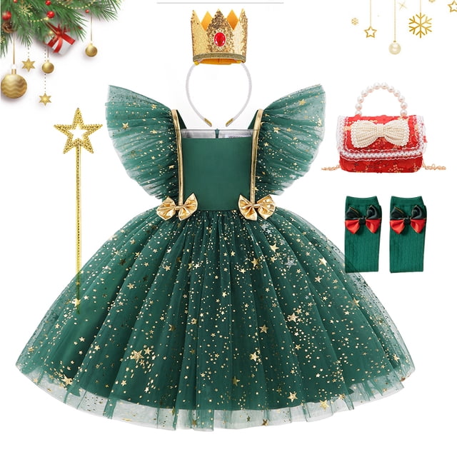Vestido de fiesta de princesa de lujo con mangas voladoras para niña, vestido de fiesta de carnaval con estrellas navideñas originales 2024
