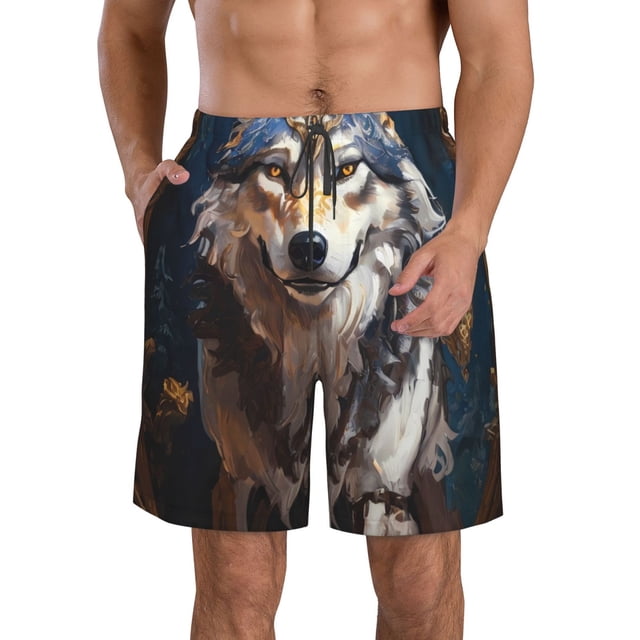 Fotbe Oil Painting Tribal Wolf Trajes de Baño Estampados para Hombre, Shorts de Verano de Secado Rápido, Ropa de Playa, Bañadores-Small