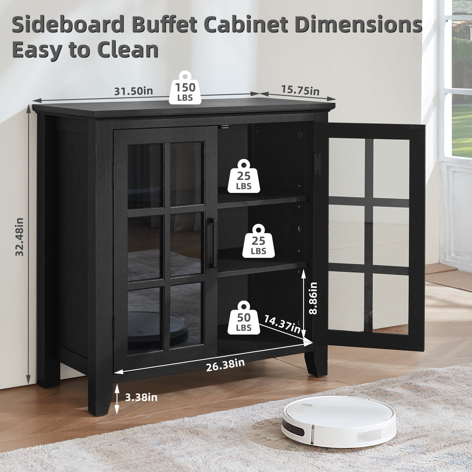 Joaxswe Buffet Storage Cabinet with Tempered Glass Doors, 31.5" Kitchen Cabinet with Adjustable Shelves, Black