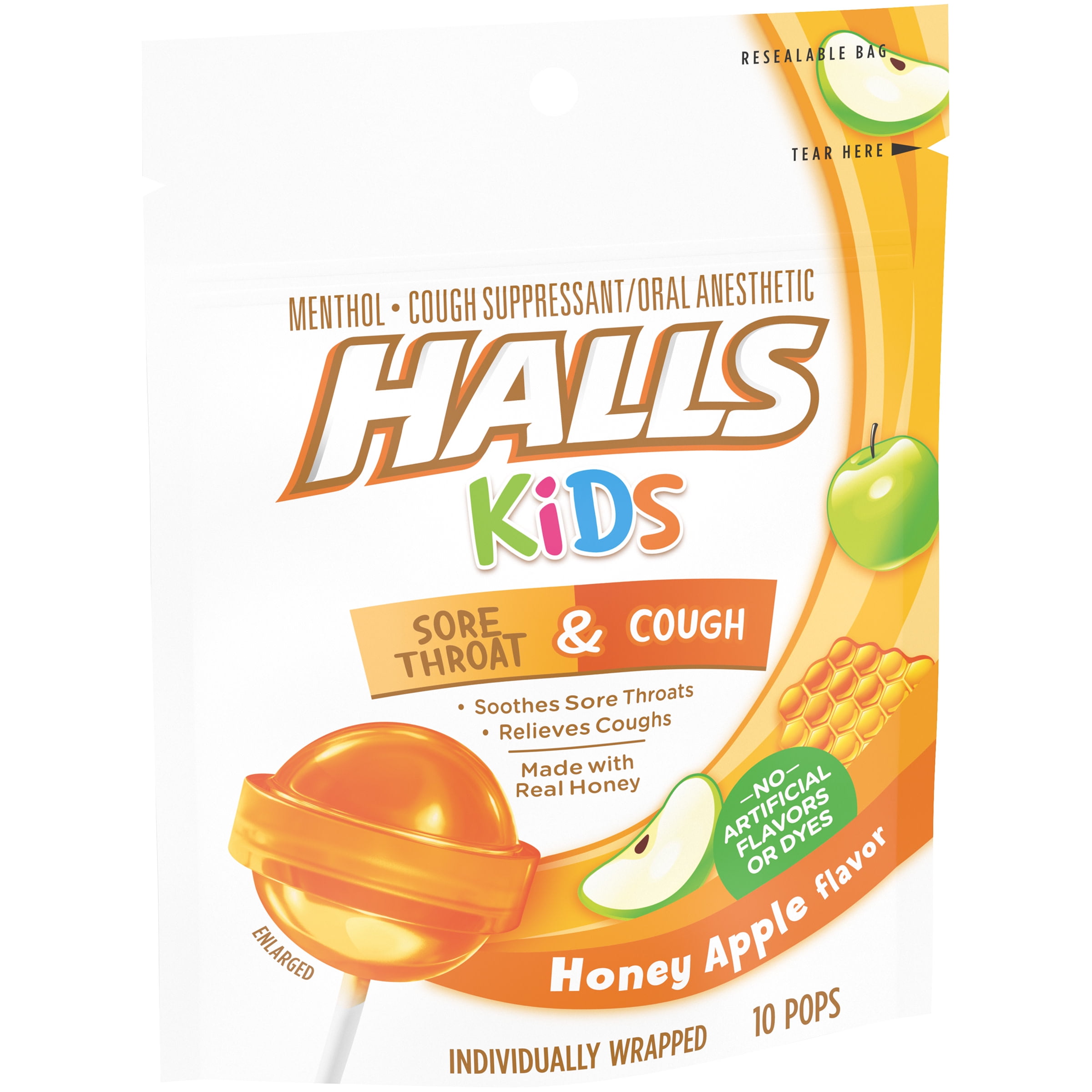 HALLS KIDS Honey Apple Cough and Sore Throat Pops, 10 Pops